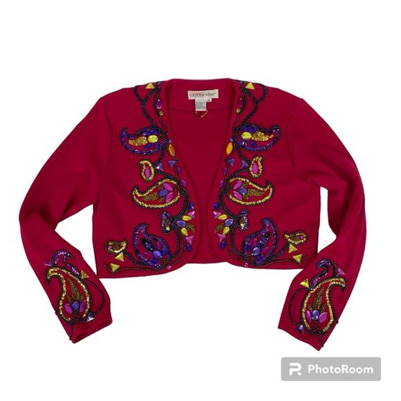 Outlander Vintage Wool Bolero Jacket Medium 80s 90s Beaded Jewel Pink Fancy - Picture 4 of 10
